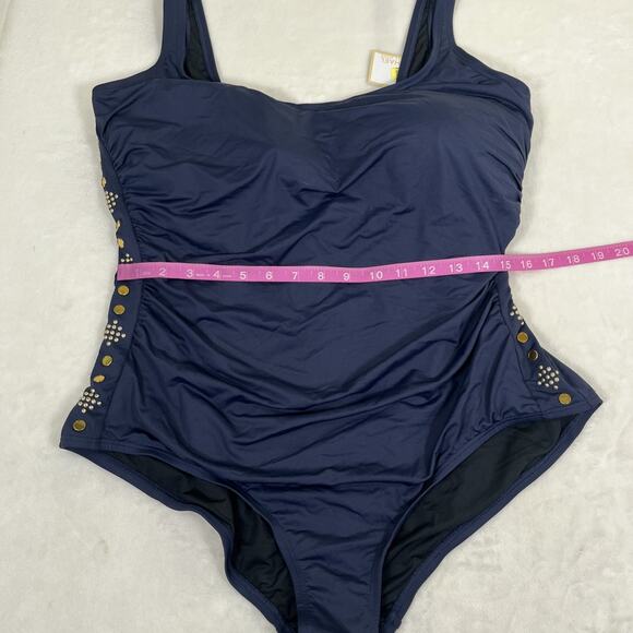 NWT Michael Kors U-Neck Gold Studded Sides Maillot 1-PC Swimsuit Navy Blue 22W - Picture 5 of 15